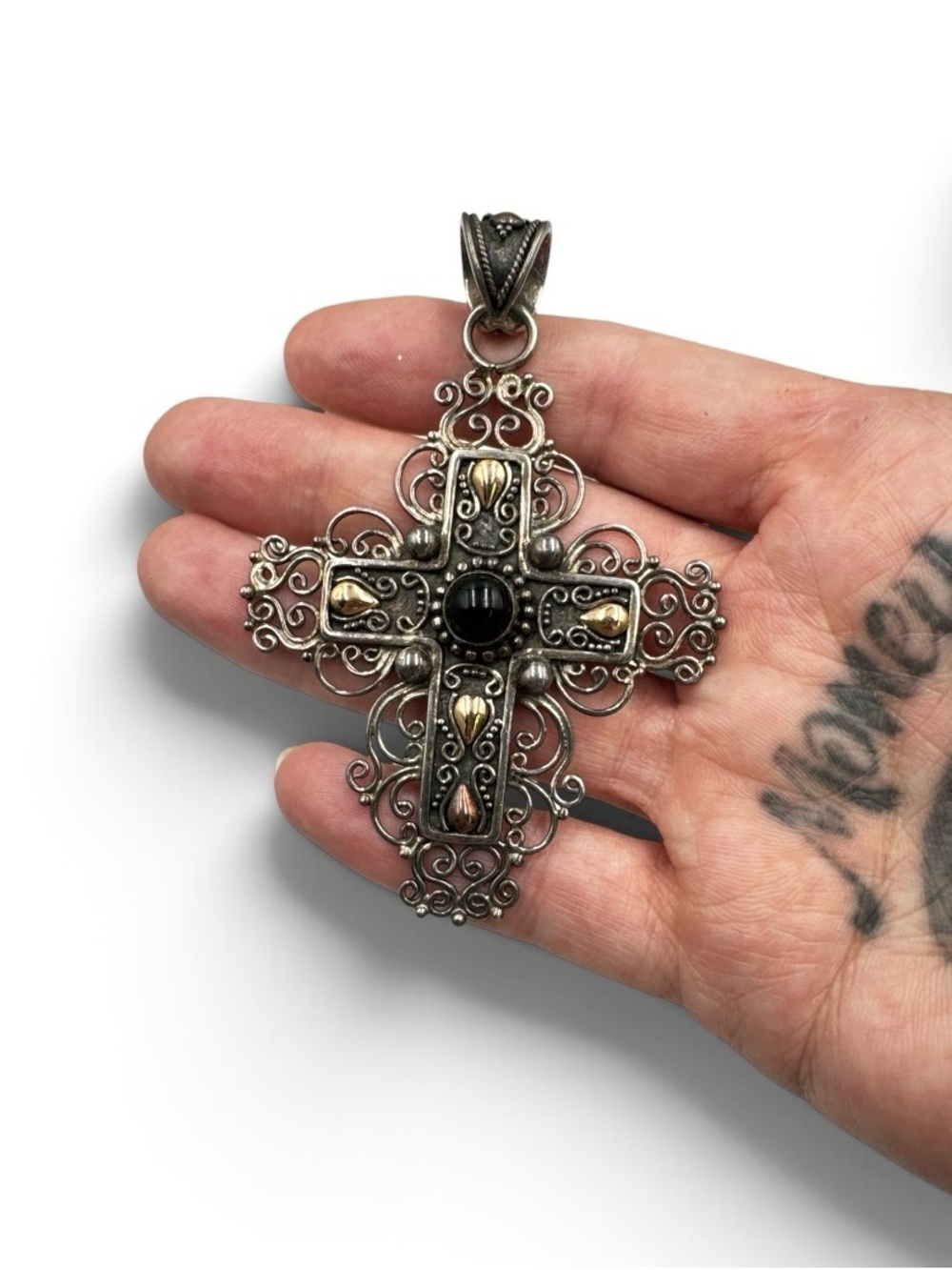 Vintage Bali Sterling Silver 18K Gold Black Onyx Filigree Cross Pendant